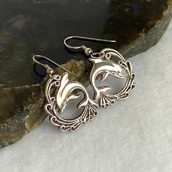 VTG Sterling Silver 925 VIMAR 1.60" Jumping Dolphin Wave Dangle Earrings Sealife - Picture 12 of 16